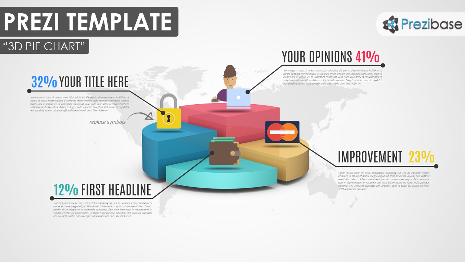 3D pie chart prezi template with quarters - infographic diagram graph