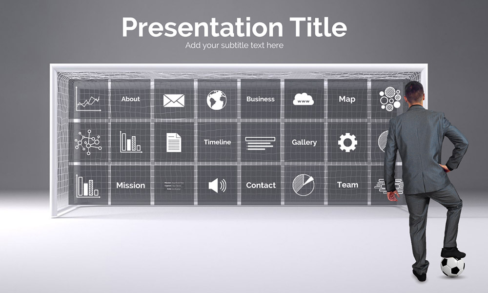 3D soccer themed goal and businessman prezi next presentation template
