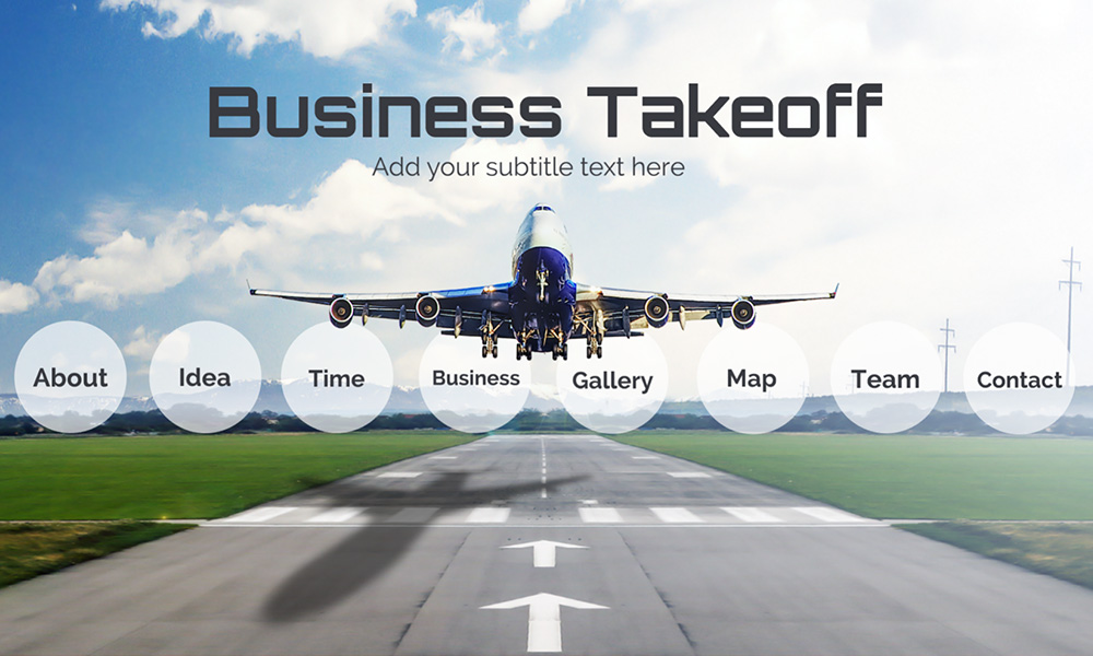 Creative prezi presentation template with front view of an airplane taking off from a runway