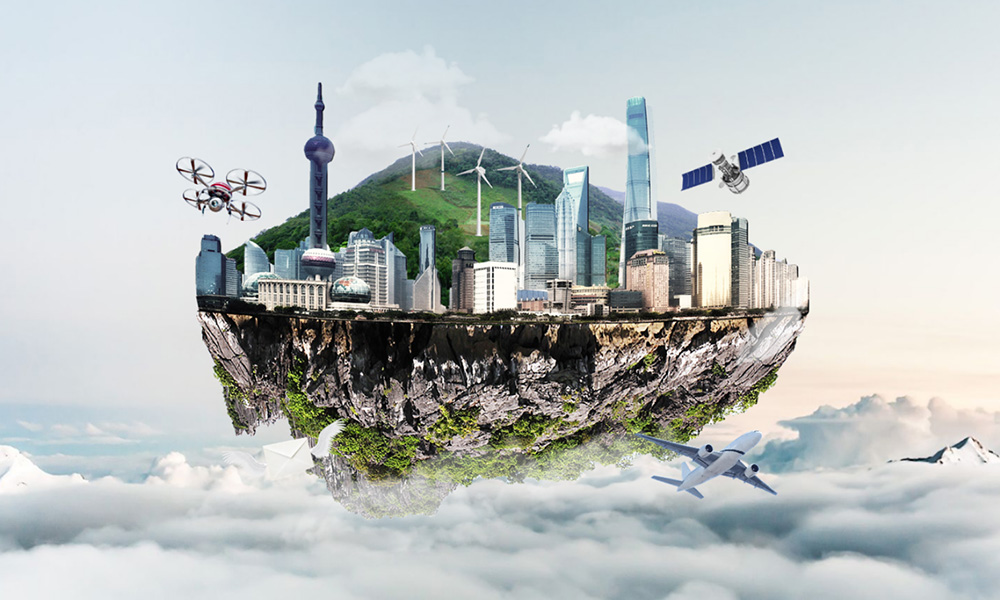 Floating 3D island city prezi next presentation template