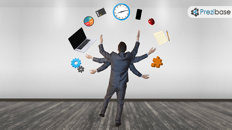 Creative business multitask busy businessman juggle prezi template for presentations