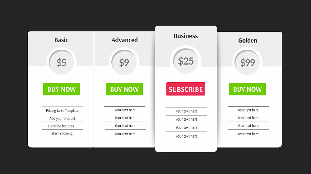 Pricing table Prezi template for business
