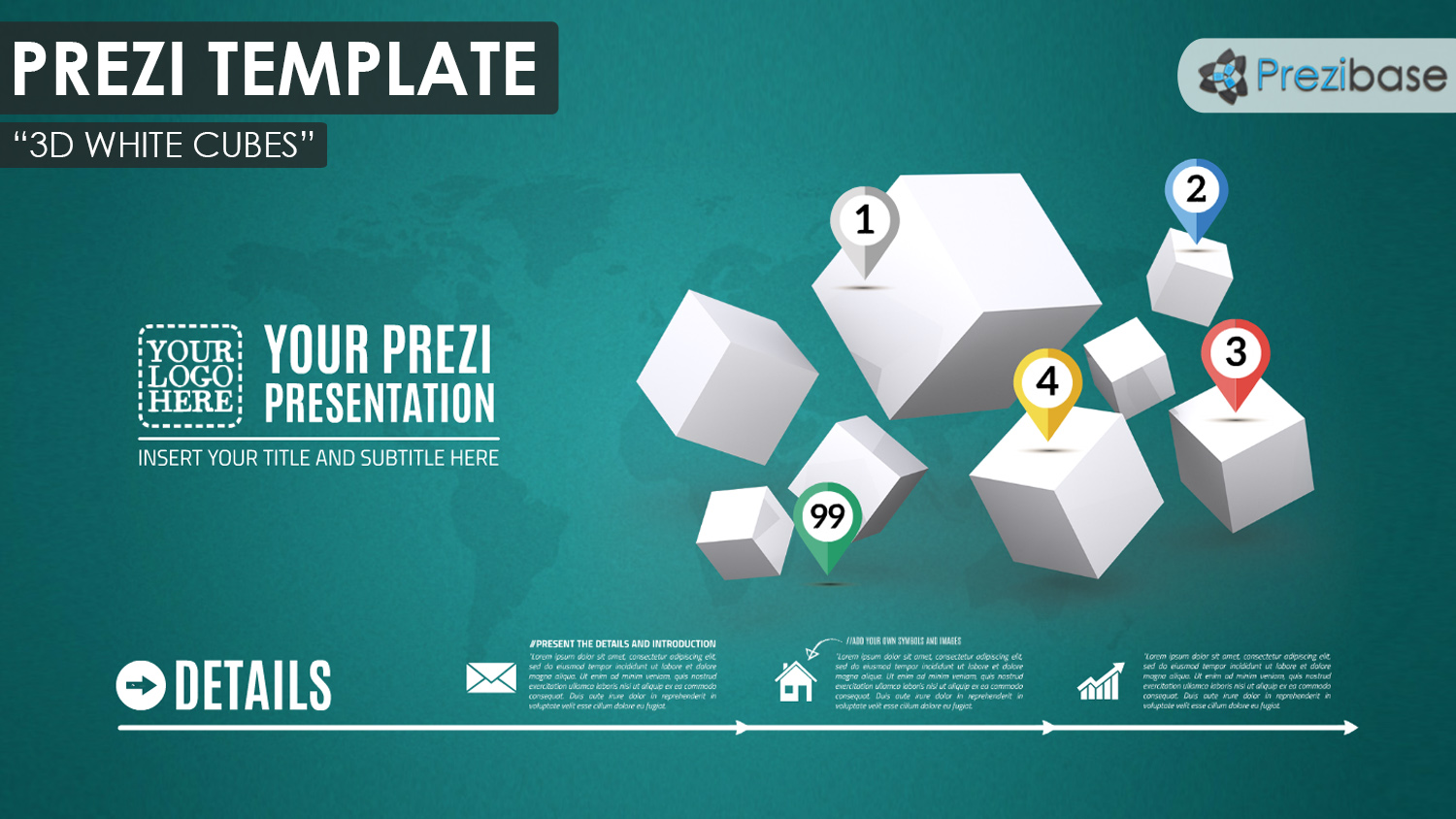 3D white cubes infographic and diagram business prezi template for presentations