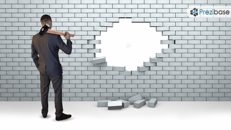 Businessman success hole in brick wall hammer solve problem prezi template