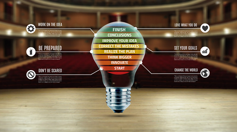Creative idea stages light bulb on stage Prezi presentation template
