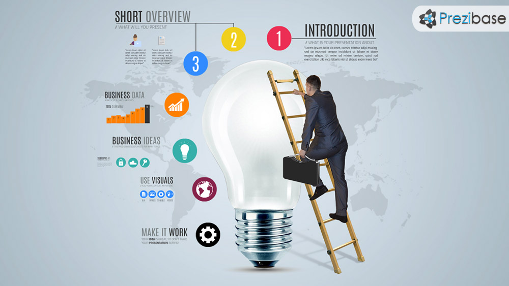 3D businessman business idea climb light bulb infographic prezi template for presentations
