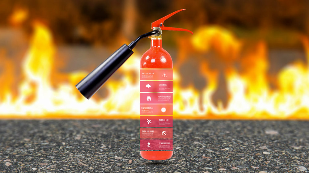 Fire safety creative Prezi presentation template flames and extinguisher background