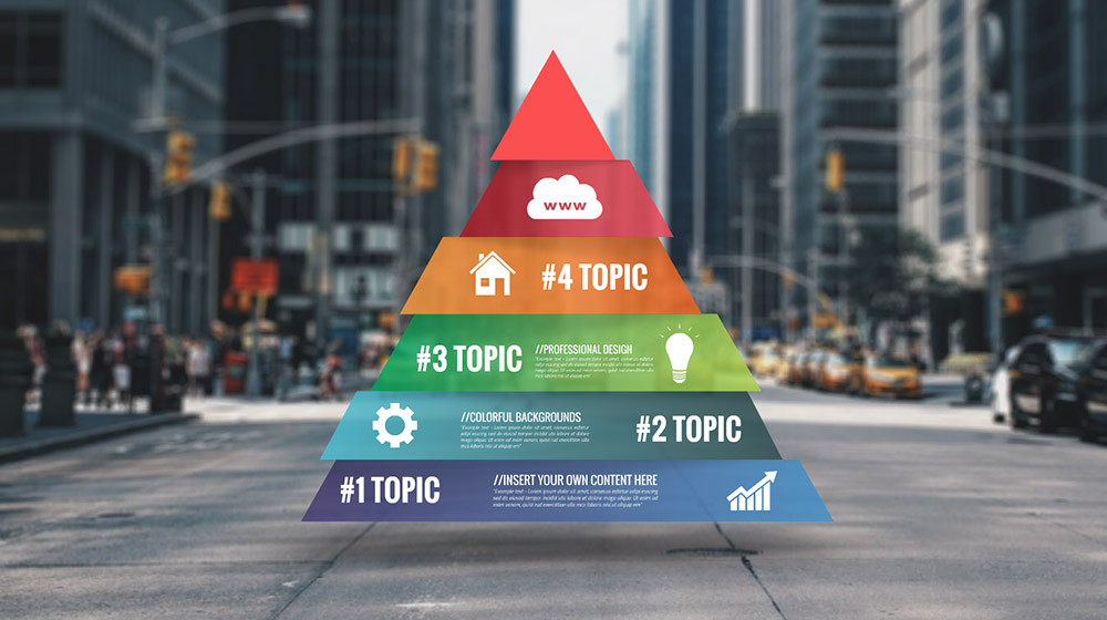 3D city street colorful infographic pyramid template for Prezi presentations