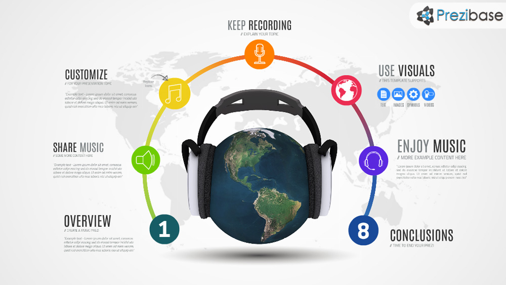 3D world music globe headlines prezi template for presentations