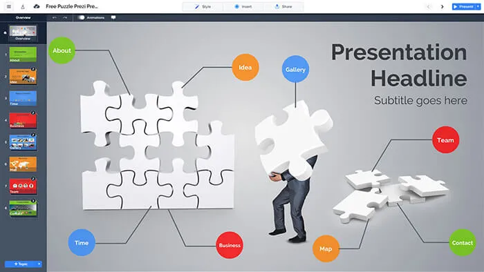 Free puzzle themed template for prezi next presentations