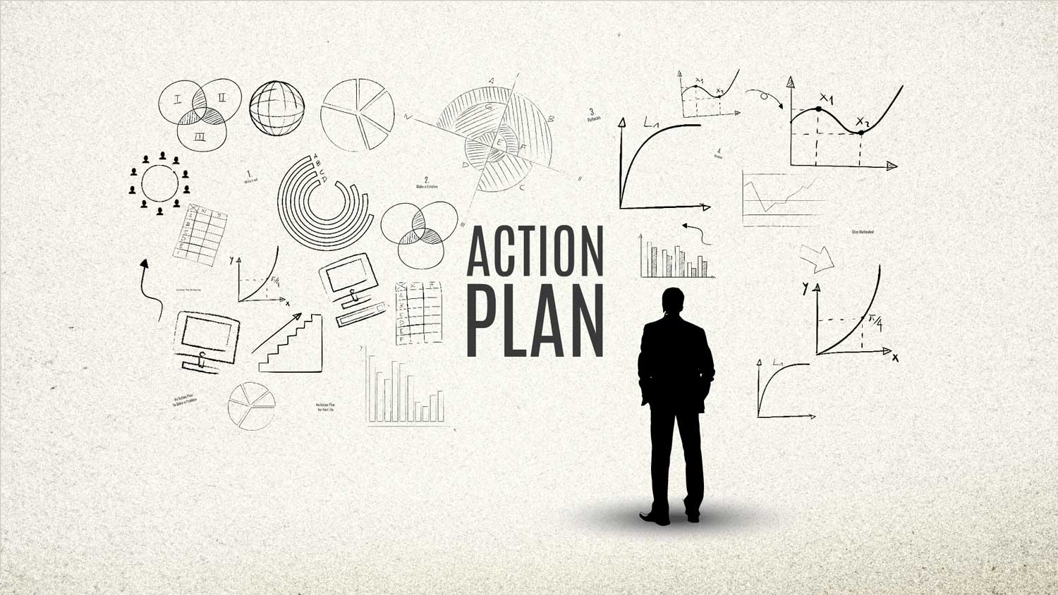 Prezi template - A businessman is looking at the business sketches on the wall for making an action plan