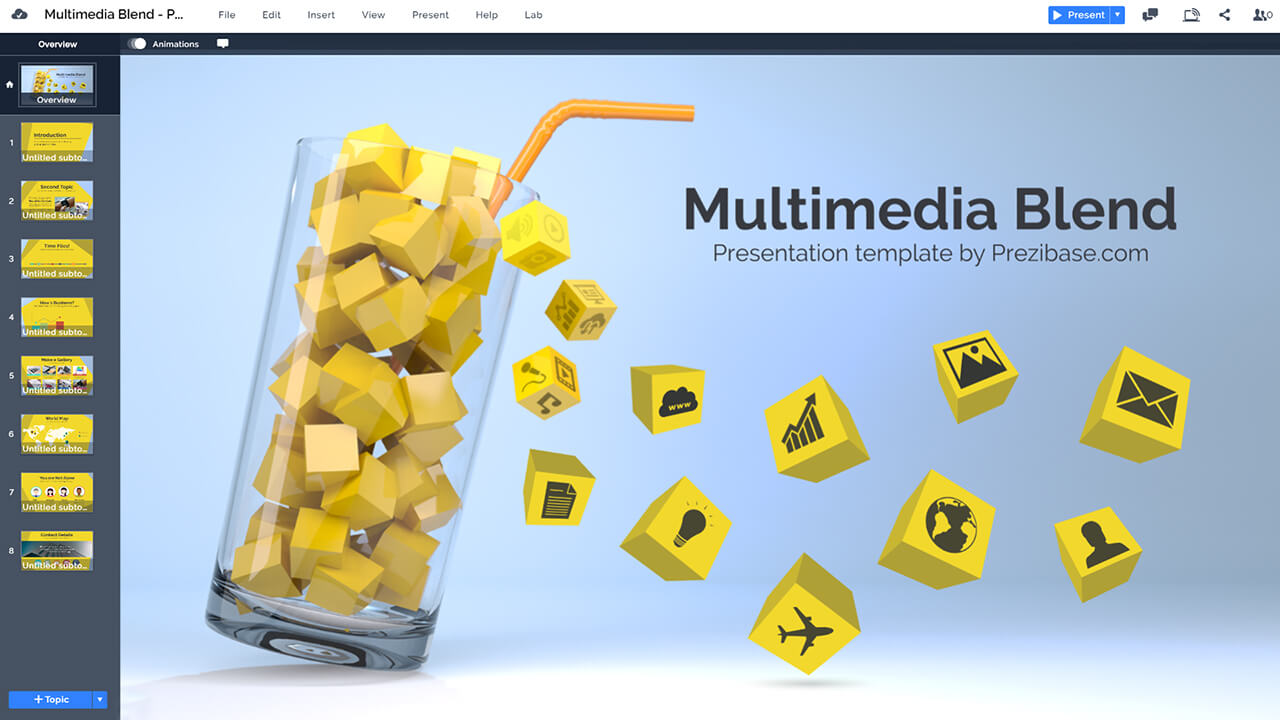 Creative 3D multimedia icons Prezi presentation template