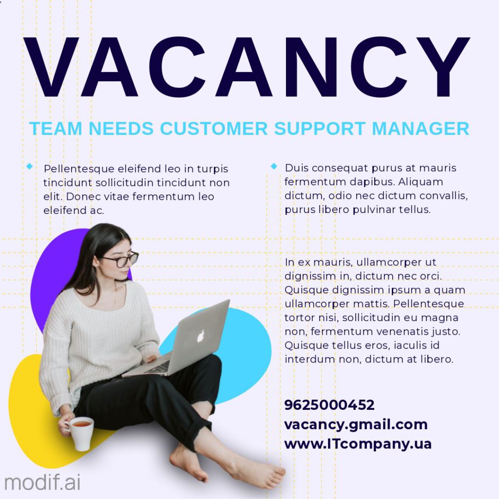 Account Manager Recruitment Template. Colorful elements, interesting template. The model has a woman holding a laptop in her lap.