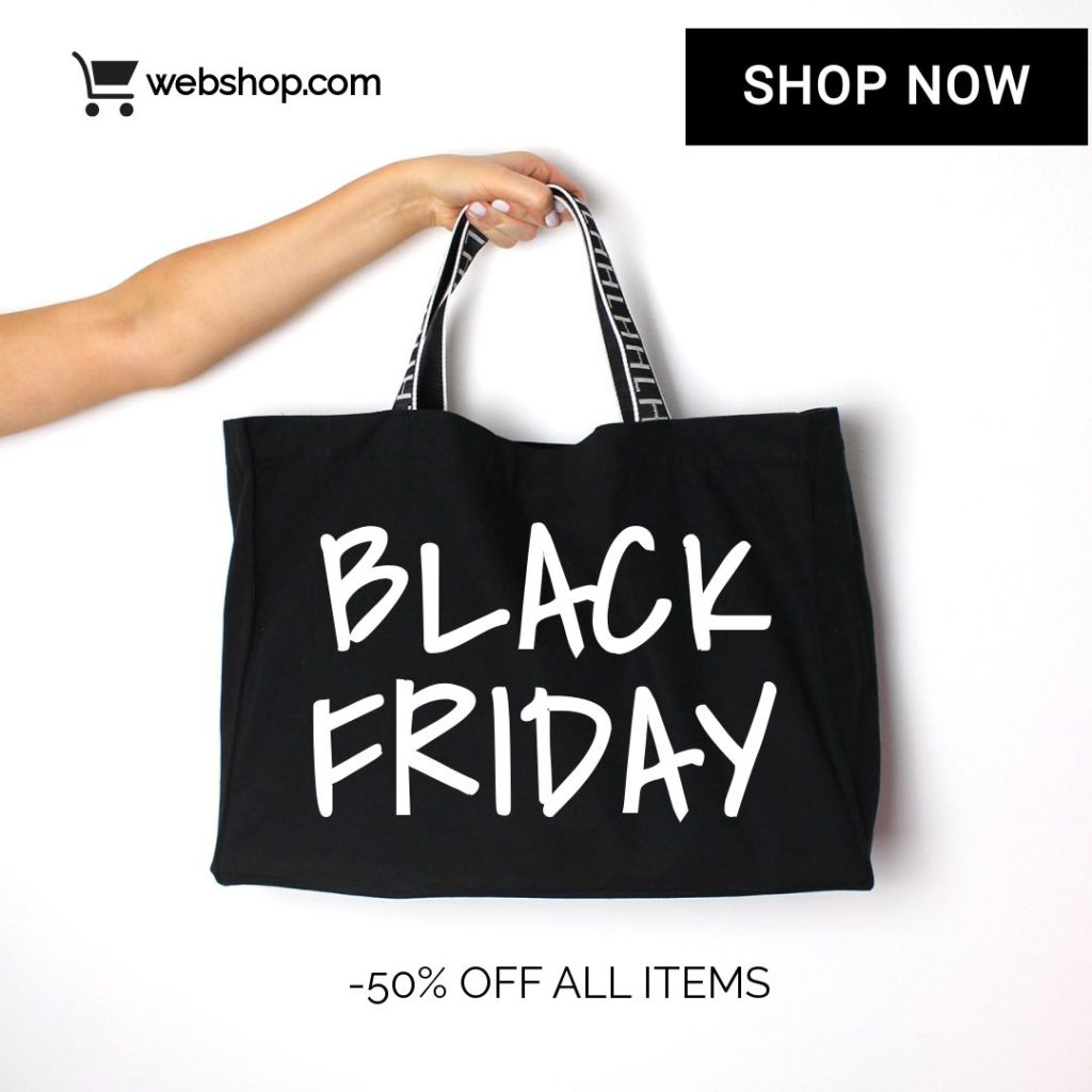 Creative banner design template featuring a hand holding a black bag.   Good online banner maker. Promote your Black Friday Campaign.
