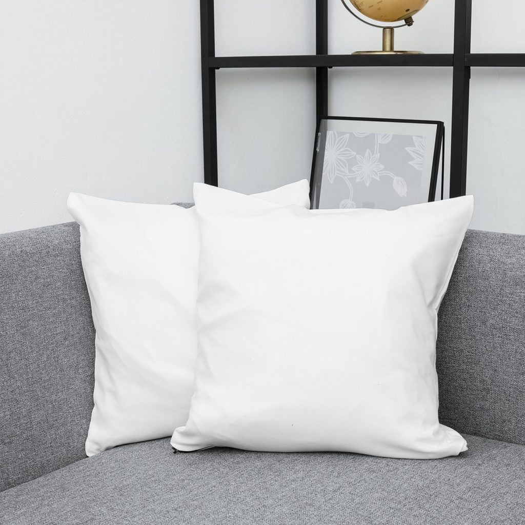 Two pillows on a gray sofa in a modern home.