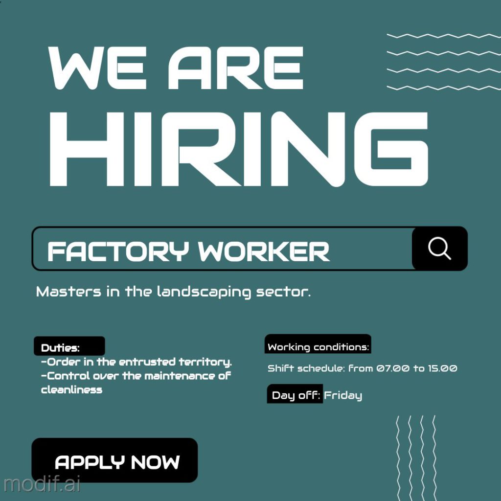 Design template for hiring factory workers. A good Instagram post to find a great factory worker. Create a good recruitment.