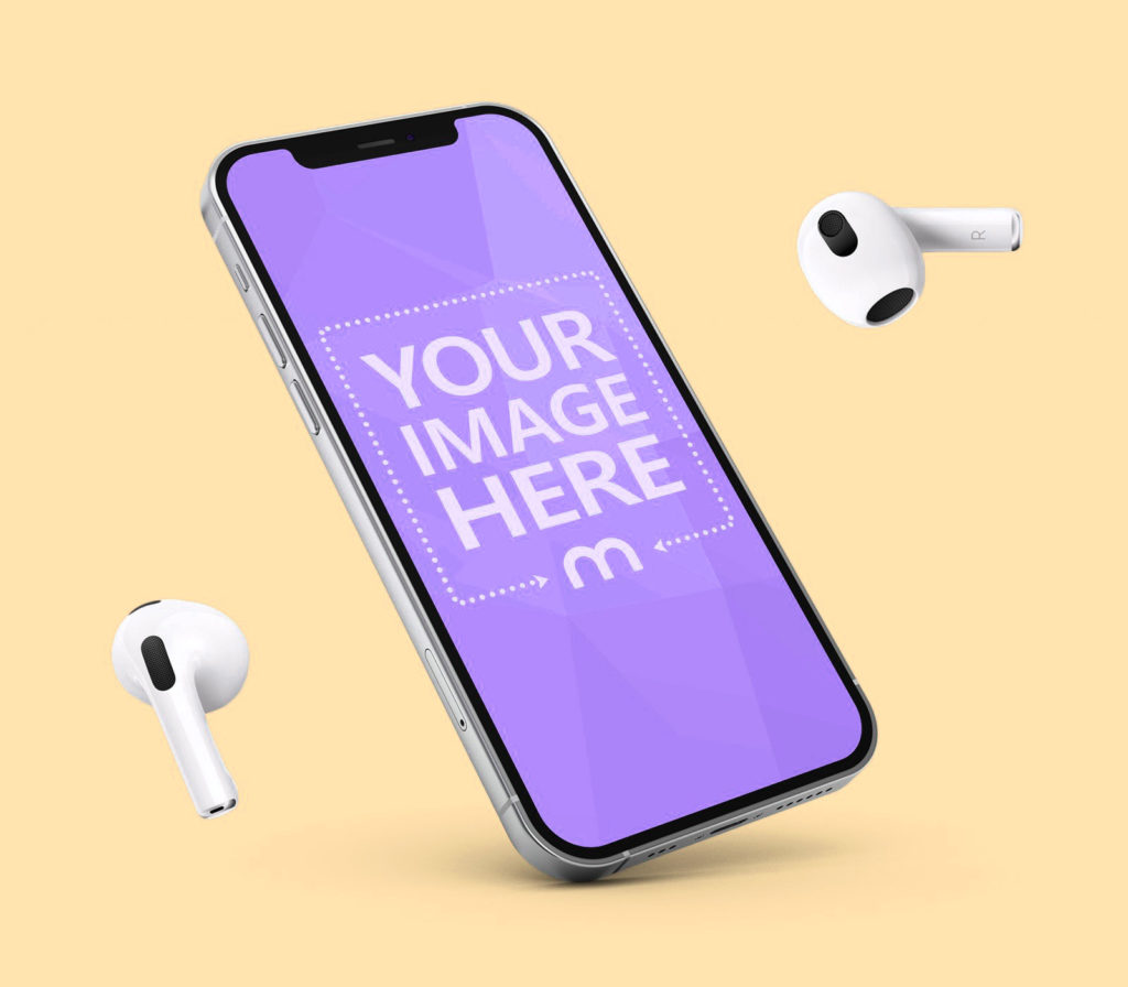 Hovering iphone with airpods mockup
