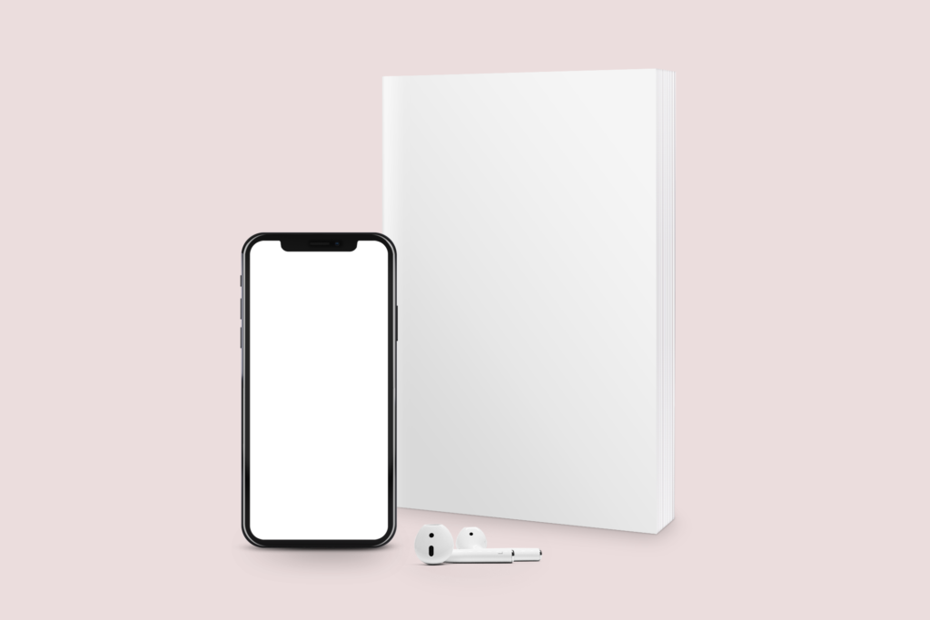 iphone, airpods and book stand on a light background