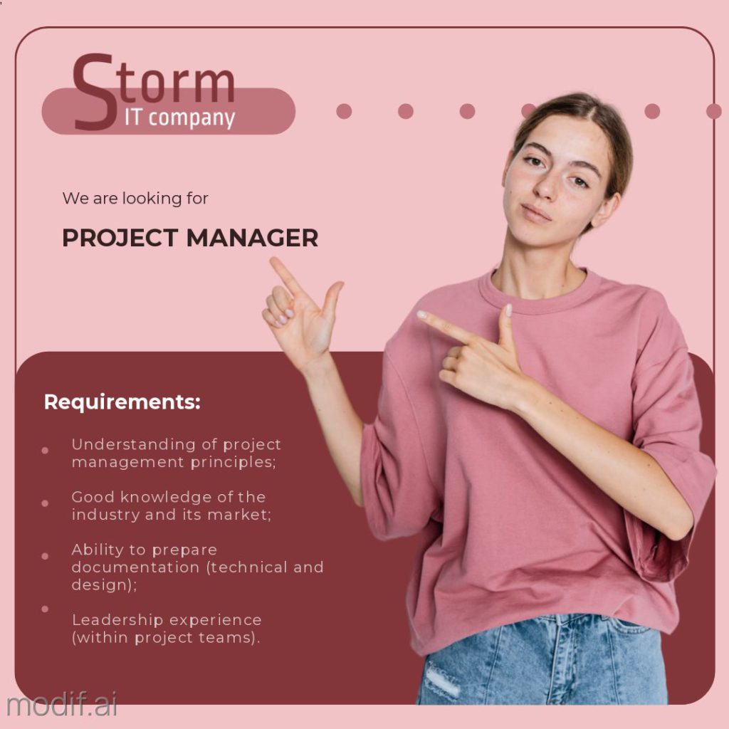 This It company job offer template. You can change the text, background and color. The template has a woman pointing with her hands to the text we are looking for a project manager.