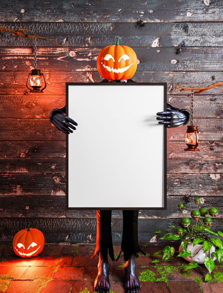 a man with a pumpkin head holds a canvas. Standing on a stone background. Next to him are lanterns, a scary plant and a pumpkin.