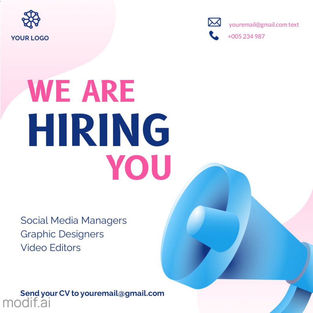 Create your own hiring design to hire social media managers, graphic designers or video editors.