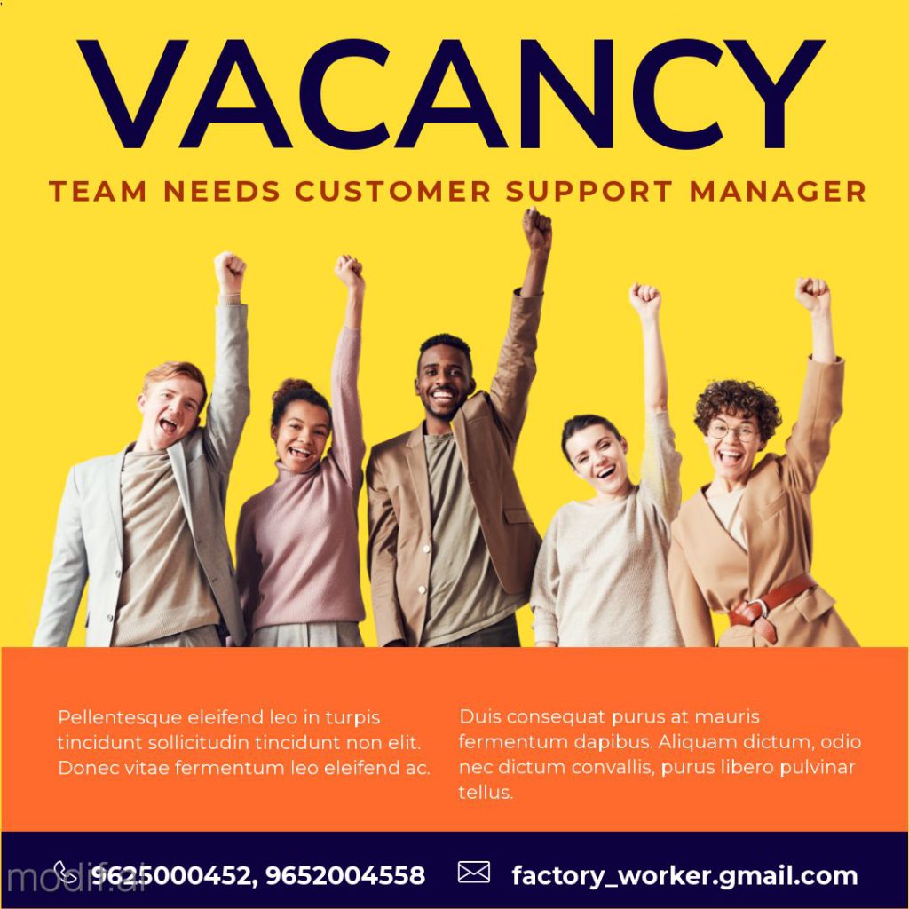 Customer service manager hiring template. Use this template to advertise your job offer. The mall has a happy work team who keep their hands up.
