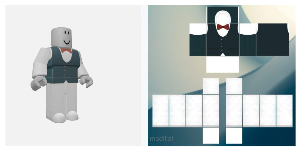 Check out this Roblox clothing design template. Smart clothes with a bow tie, shirt and waistcoat. P.S. If you want to customize the clothing template, don't change the sizes so it's still compatible with Roblox.
