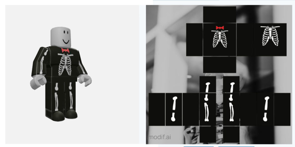 Design your own Roblox outfit or use this template as is. This is a black suit and skeleton Roblox clothing template. Also works well as a Halloween Roblox outfit design.