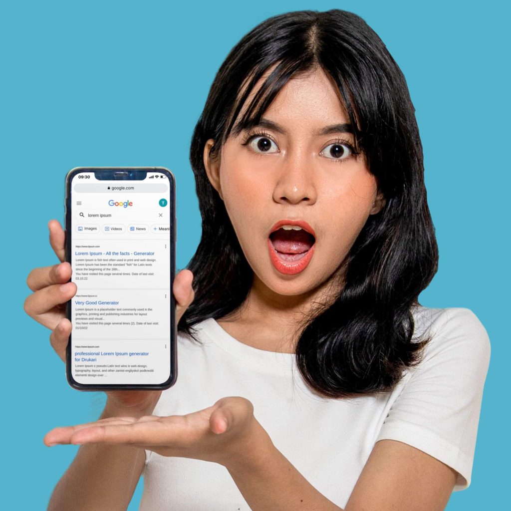 woman holding iphone with mobile search results on the screen