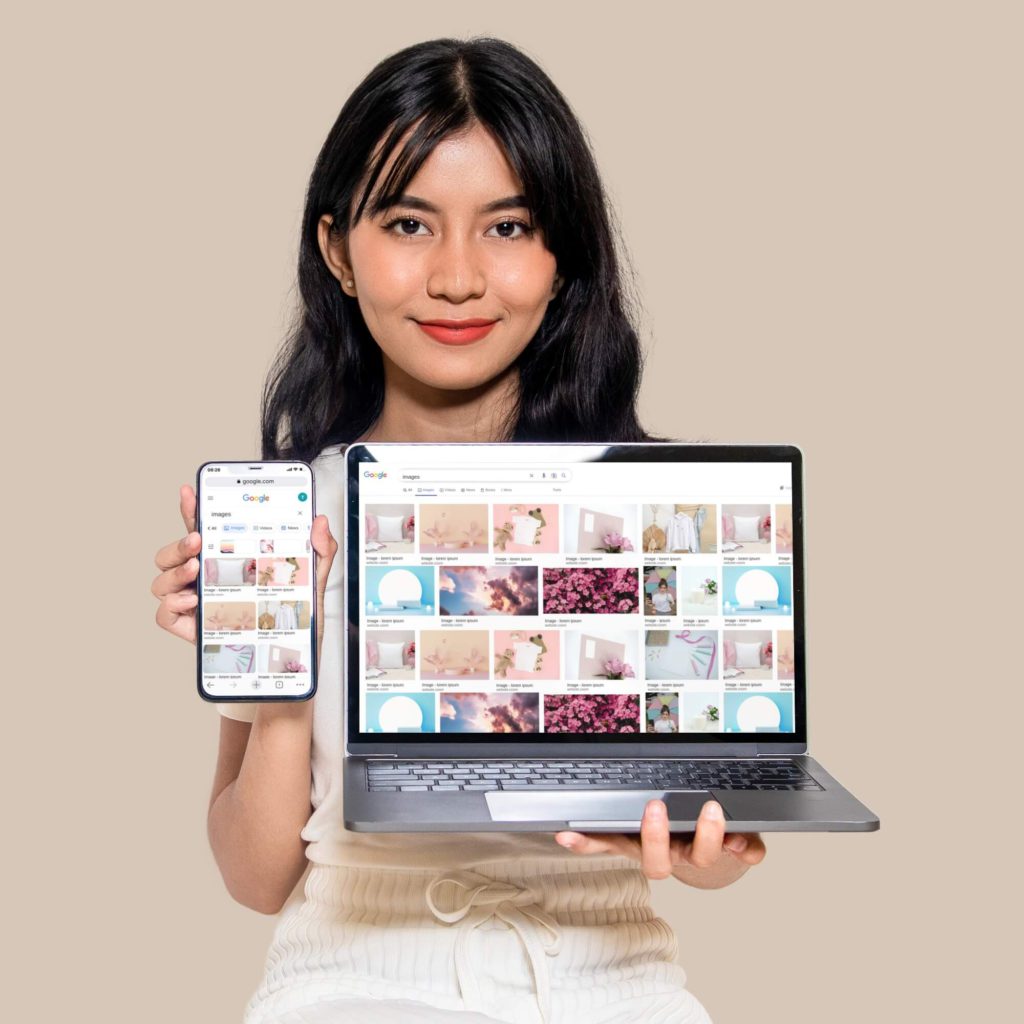 smiling woman holding ipad and iphone to present google ad restuls