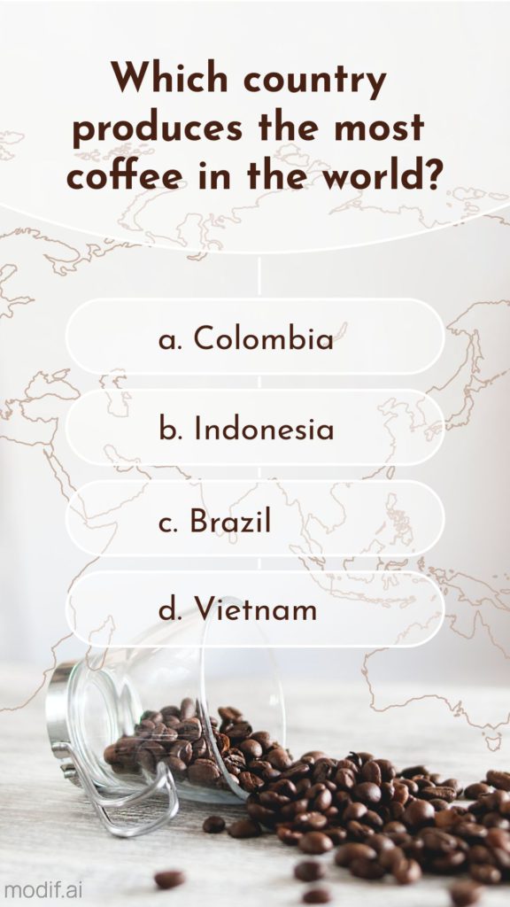 This is a cool coffee themed Instagram story quiz. Use it in your Instagram story. This template features a world map silhouette and a coffee cup with coffee beans.